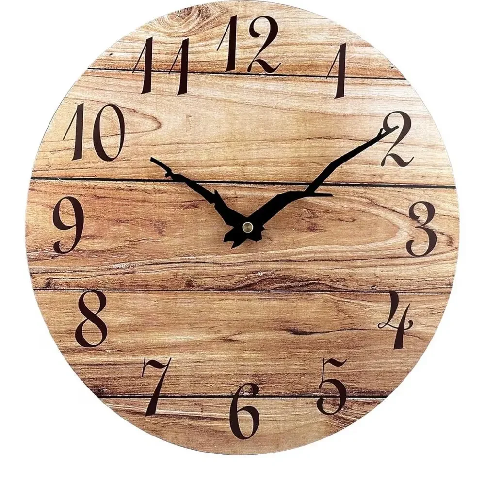 12in Wood plank rustic style round, frameless wall clock silent quartz movement